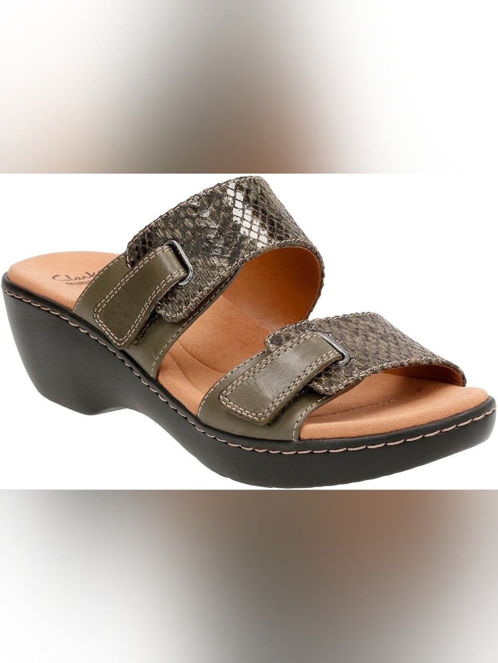 Clarks Delana Felena Olive Green Snake-Print Slide Wedge Sandal